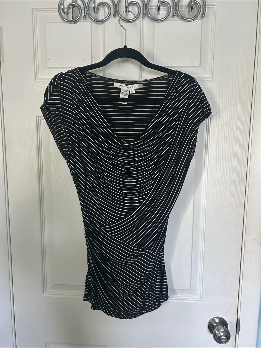 Max Studio Black & White Striped Drape Neck Tunic
